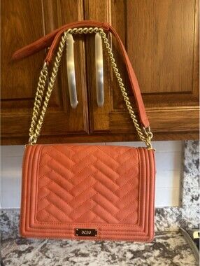 BCBG Paris Rust Orange Quilted Purse Bag w Gold chain